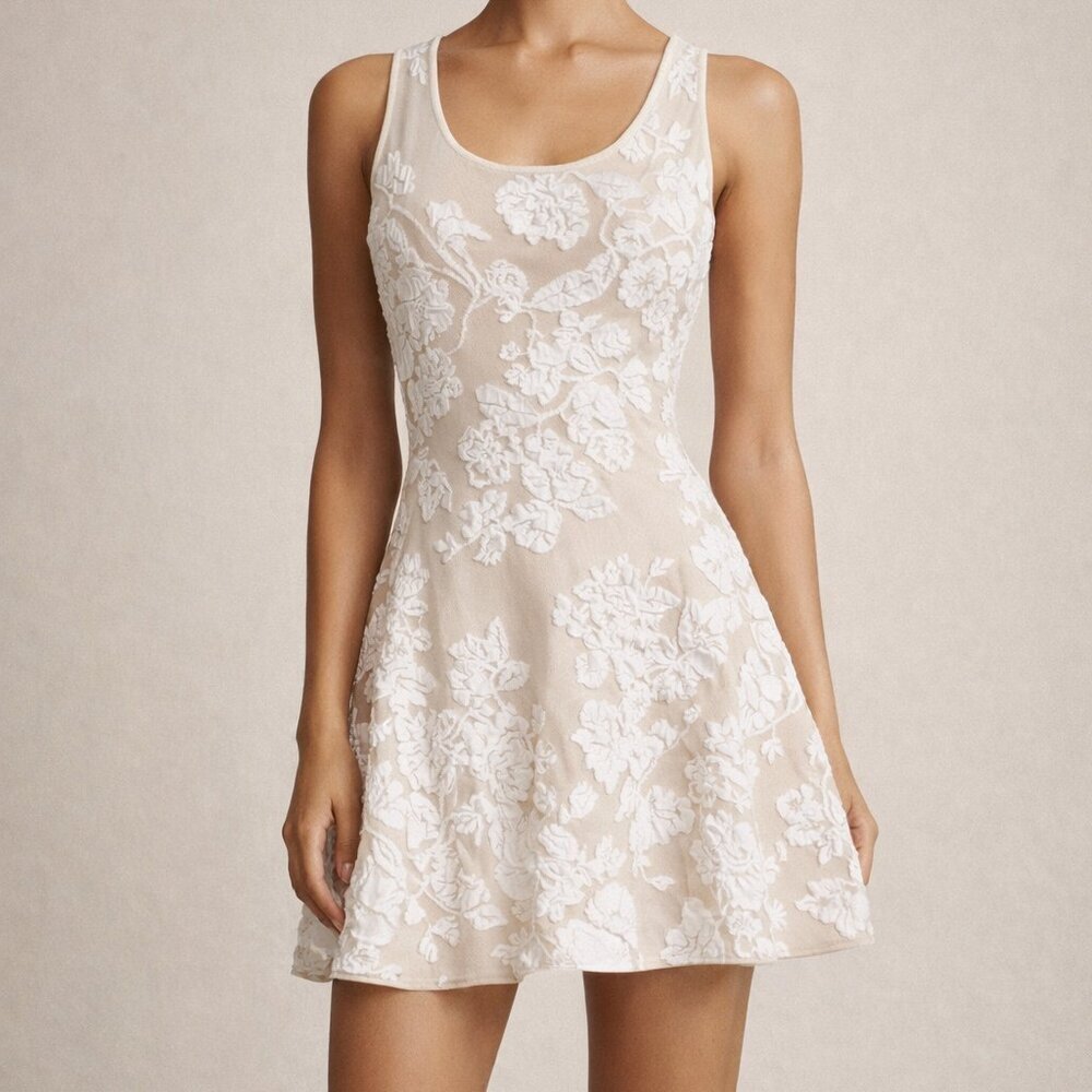 Milly White Floral Appliqué Flared Mini Dress Cream and White Sleeveless Size M